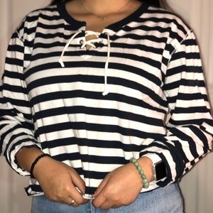 laced blue and white striped cropped shirt